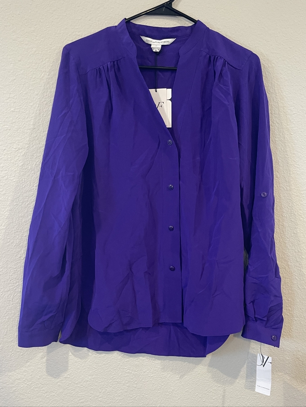 NWT Diane Von Furstenberg Vintage Y2K‎ Purple Silk Button Up Long Sleeve Shirt 6